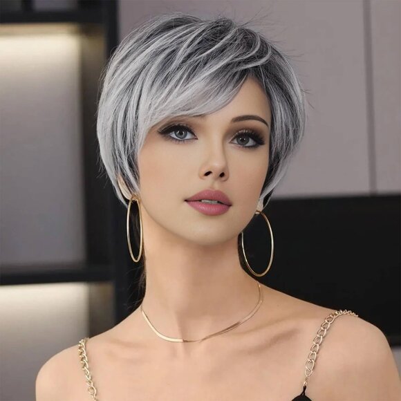 Pixie Cut Short Grey Wigs with Bangs Natural Fluffy Synthetic Hair - Picture 1 of 1